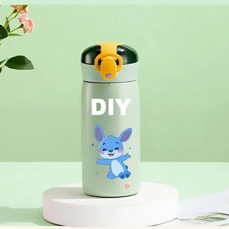 DIY 460ml Portable Kids Thermos Mug With Straw Stainless Steels Cartoon Vacuum Flasks Cute Thermal Water Bottle Customize logo