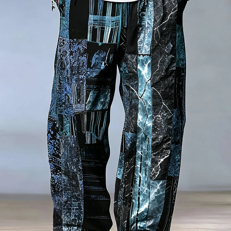 Men's Black Teal Patchwork Newspaper Print Wide Leg Pants Elastic Drawstring Loose Trousers For Retro Street - View 3 | SAMAG