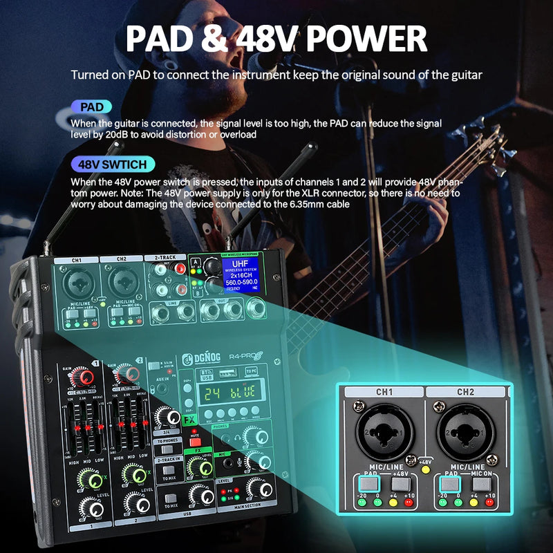 DGNOG Dual UHF Wireless Microphone DJ Audio Mixer 4 Channel Mixer Karaoke Mixer USB Bluetooth for Computer Recording Studio