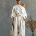 2026 One Shoulder Linen 2 Piece Set Women Roll Up Sleeve Waist Belt High Waist Lantern Pants White Breathable Casual Daily Beach