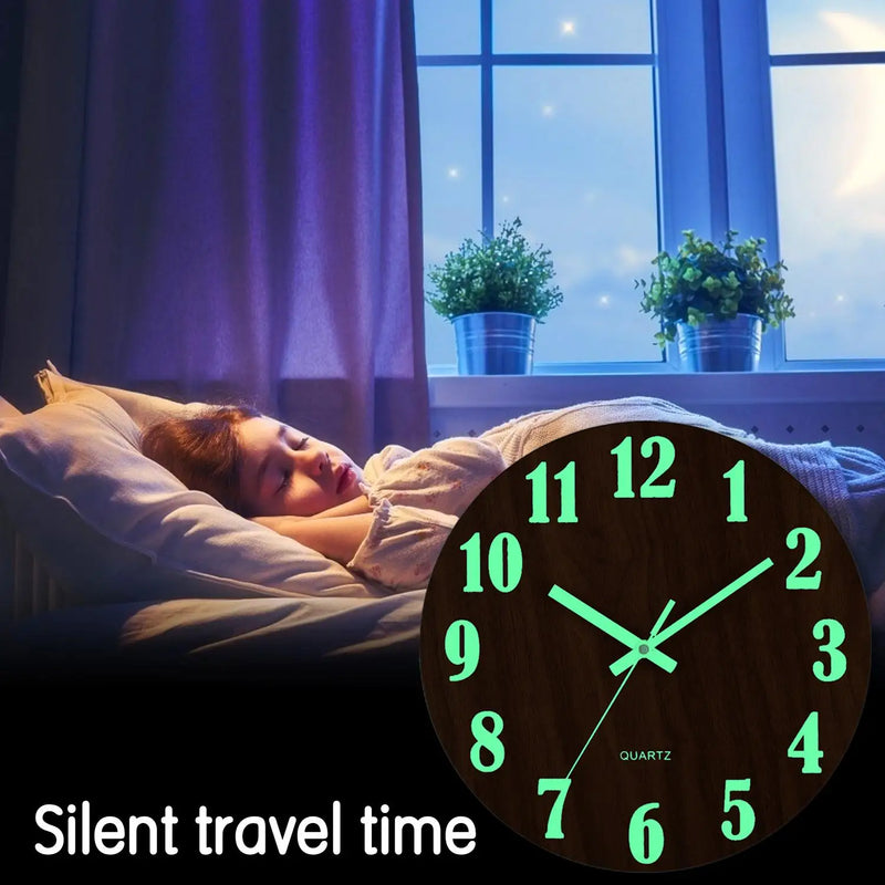 8 Inch Luminous Wall Clock Wood Silent light in dark night Nordic Fashion Wall Clock Non Ticking Clock With Night Light