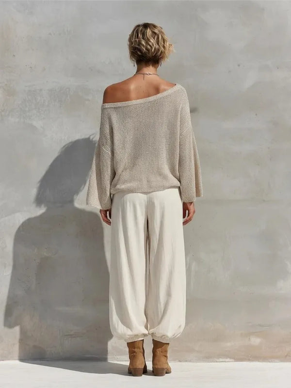Fashionable Off-shoulder Top And Casual Trousers Two-piece Suit 2026 Autumn And Winter New Solid Color Slope Collar Women's Suit