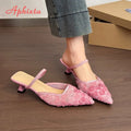 Aphixta 2026 New Fashion Women's Pink Floral Mules Pointed Toe Low Heel Slippers Elegant Summer Dress Shoes for Ladies
