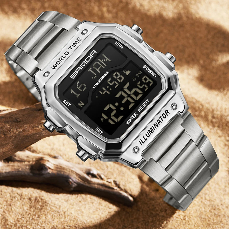 SANDA Fashion Digital Sport Watches Men Waterproof Stopwatch Alarm Date Week Watch Man Golden Strap LED Square Dial Wristwatch
