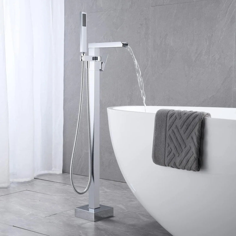 KEMAIDI Freestanding Bathtub Faucet Tub Filler High Flow Waterfall Bath Filler Brushed Gold Tub Faucets with Hand Shower Tap