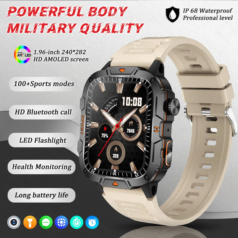2025 New Military Grade Smart Watch Men 1.96" AMOLED Screen 5ATM Waterproof Simming Sports Fitness Tracker BT Call Smartwatches