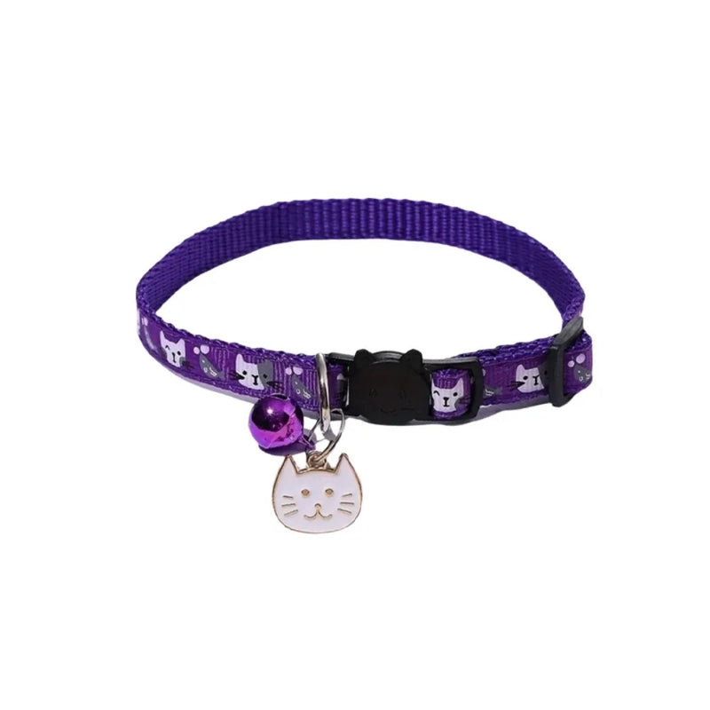 Adjustable Pet Cat Collar Quick Release Safety Buckle Anti-choking Puppy Collar with Cat Face Pendant Bell Cat Pattern