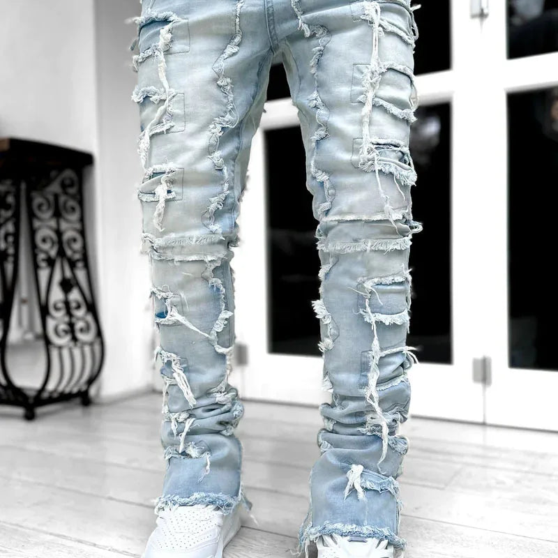 Men's Regular Fit Stacked Jeans Ripped Slim Patch | SAMAG
