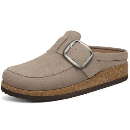 Kidmi Women's Classic loafer-inspired Design Vegan Leather Slip On Clogs With Big Buckle Lady Supportive Cork Footbed Slippers