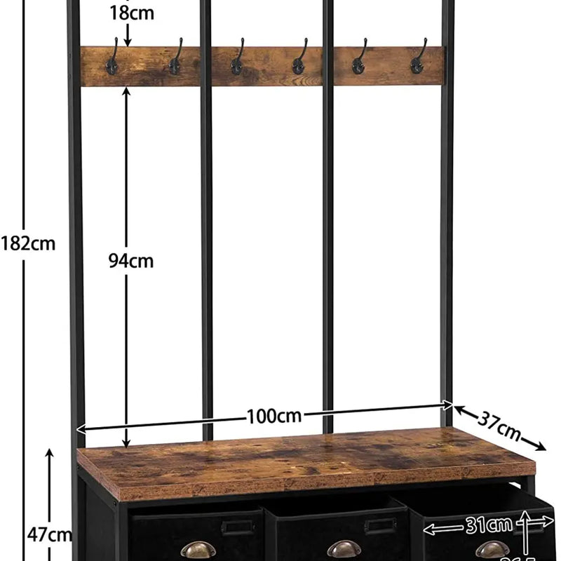 HOOBRO Coat Rack With 12 Hooks Hall Tree With Bench And Shoe Storage Entryway Bench With 3 Storage Boxes For Hallway Living Room