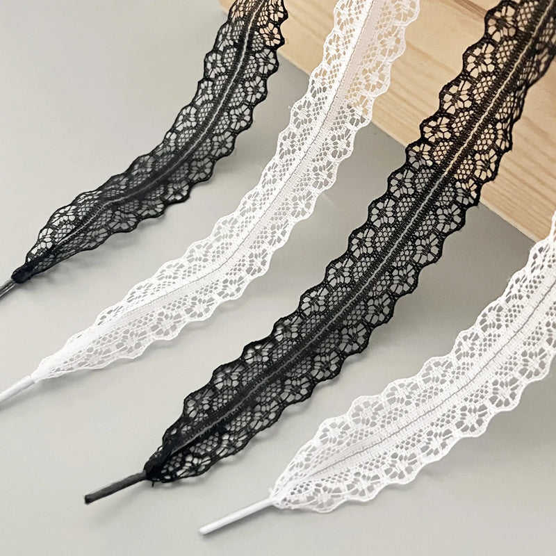 1Pair Fancy Lace Shoelaces for Women Casual Shoes Width Flat Shoelace for Sneakers Black White Shoe Laces Accessorices