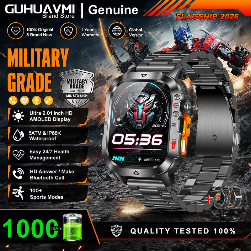 New Bumblebee Military Smart Watch 1000mAh Bluetooth Call LED Flashlight BP Monitor 100+Sports 5ATM Waterproof For iOS Android