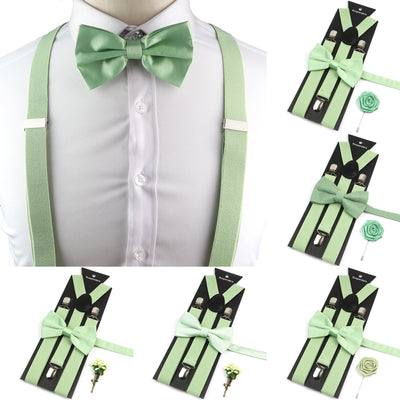 Novalty Sage Green Suspender Bowtie Set For Men Women Kids Romatic Wedding Party Elastic Y - back Straps Pants Shirt | SAMAG