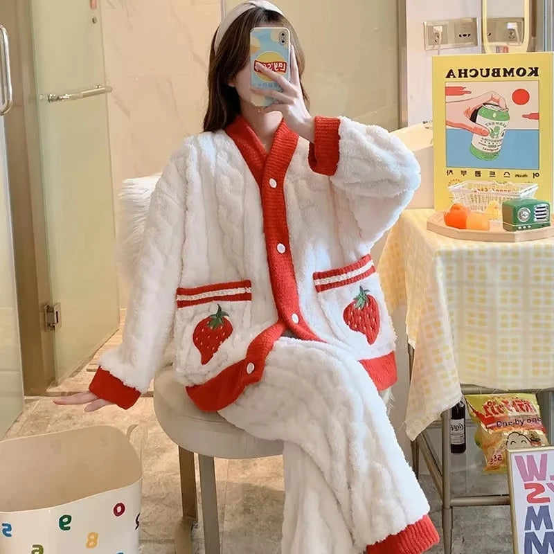 Pyjama épais en flanelle et velours corail fraise | SAMAG