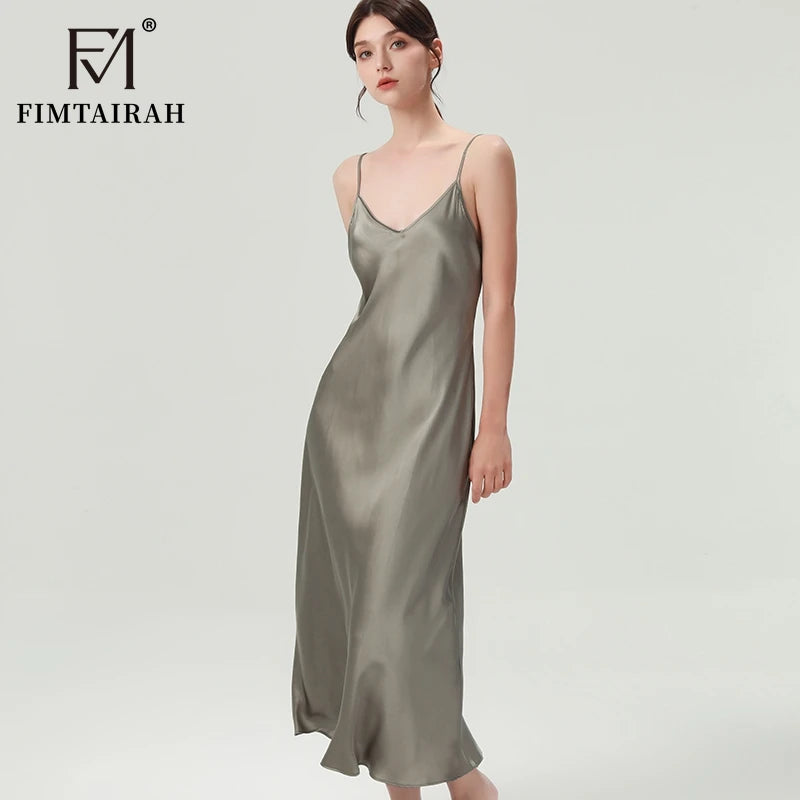 FIMTAIRAH Brand 6A 19mm New 100% Silk Nightgown Women Sexy Elegant Summer Silk NightDRESS long home wear Pajamas
