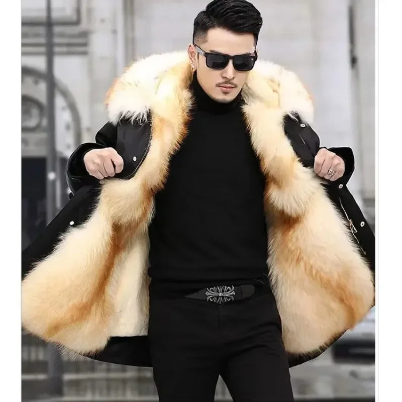 Fur Coat Detachable Hooded Keep Warm Jacket Parka Men Whole Mink Liner Winter New Fur Coat Mink-like Wool Mid-Length Leather