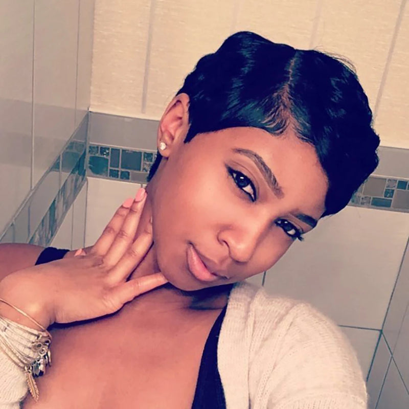 13x4 Transparent Lace Front Short Pixie Cut Wig Finger Waves Brazilian Human Hair Wigs with Pre Plucked Bangs Glueless for Women