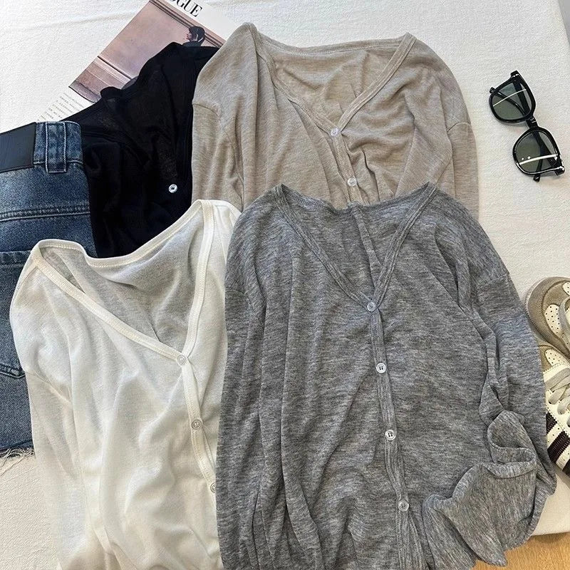 Women's Casual V-Neck Long Sleeve Cardigan, Lightweight Sun Protection Knit Outerwear, Lazy Style Cover Up for All Seasons