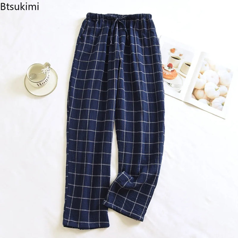 New 2026 Summer Men's Sleeper Pants 100% Cotton Crepe Pants Loose Thin Large Home Casual Checkered Home Pants Bottoms for Men