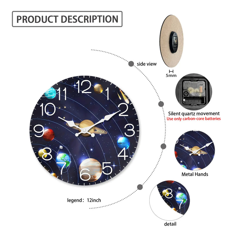 Wooden Wall Clock with Universe and Planet Motifs, 10-14inch Silent Wall Clocks, Aa Battery Powered, Suitable for Living Room, Bedroom, Office, Valentine's Day, Carnival, Ramadan, (Battery Not Included)