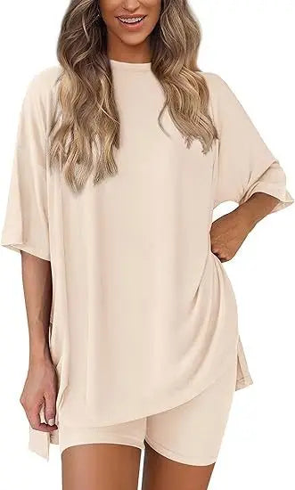 2026women's New Fashion Trend Basic High-quality Casual Round Neck Slit Loose Casual and Comfortable Women's Two-piece Home Suit