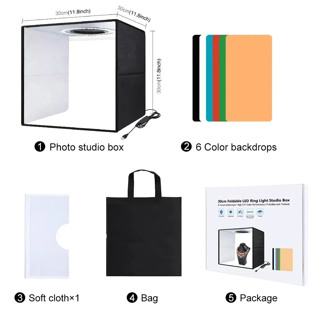 LED Photo Studio Light Box Kit 12"x12" with 120pcs LEDs 6 Backdrops for Photography Portable Dimmable Versatile
