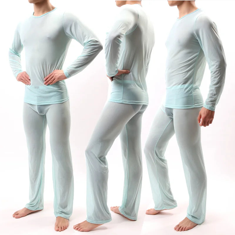 Sexy Transparent Thin Men's Pajamas Night Wear Suit Long Sleeve Shirt Pants Set