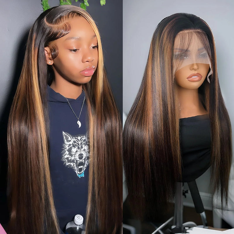 1B/30 Black and Blonde Highlights Bone Straight Human Hair Wigs 4/27 Highlight 13x4 13x6 HD Lace Human Hair Wig 30 36 Inch