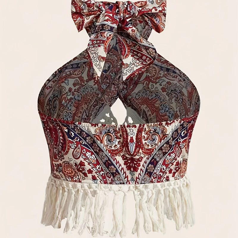 Paisley Print Fringed Edge Butterfly Knot Tie Back Hanging Neck Top Women's Bohemian Style off Shoulder Casual Fashion