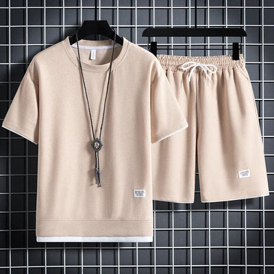 Summer Men's Simple Waffle Set Casual T - shirt Shorts Sports Solid Color Loose S - 3XL | SAMAG
