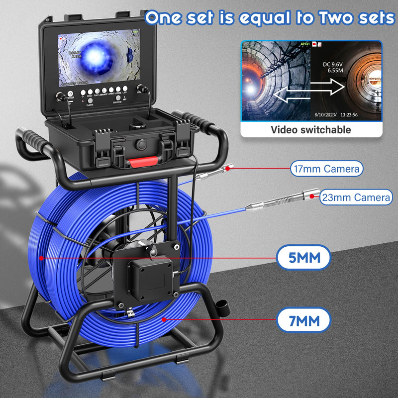 Sewer Pipe Inspection Camera 9“ IPS +Dual-Lens 1080P Sewer Camera +Meter Counter+5/7MM Fiberglass Cable+512HZ Self-leveling