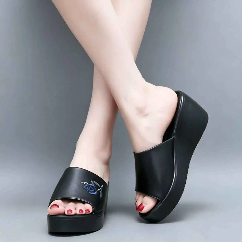 6cm Small Size 32-43 Comfortable Floral Embroider Wedges Slippers 2026 Women's Med Heels Platform Slides for Office Beach Mom
