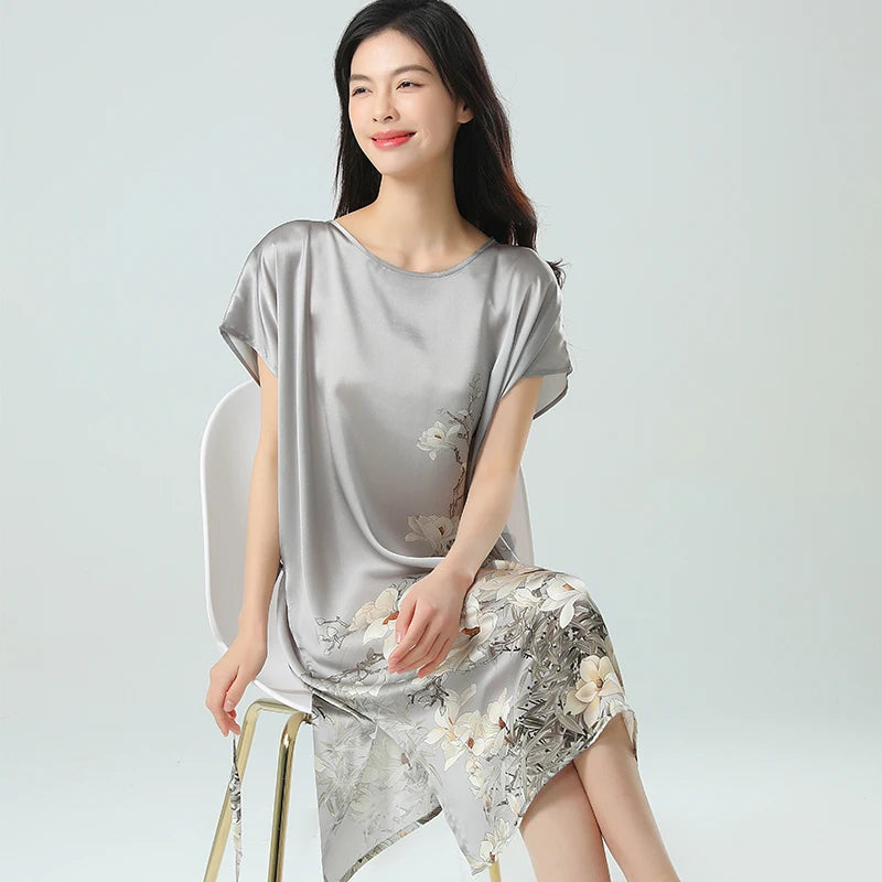 19MM 100% Mulberry  Silk Dress Pajamas Sleeping Home Dress Nightwear Women's Loose Plus Size  Short Sleeve Summer  40-80kg