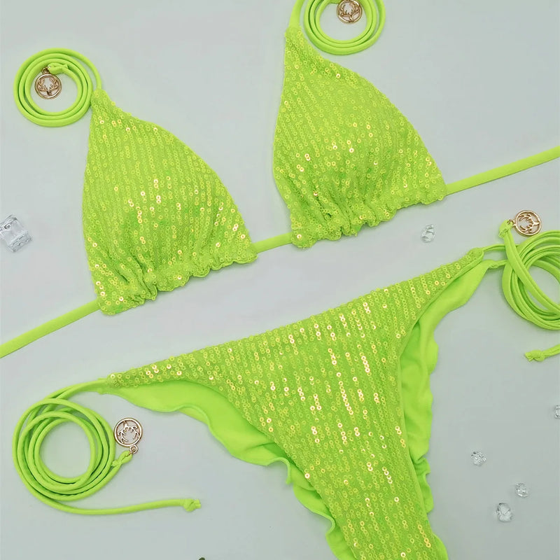 Sexy glitter sequine plain bikinis sets two pieces thong | SAMAG