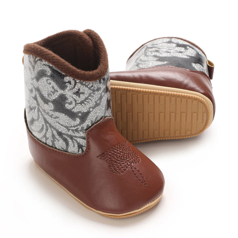 0-18M New Western Cowboy Rubber sole Non-SlipBoots Fashionable and Casual Infant/Toddler Mid length Boots Embroidered Baby Boots