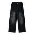 Men Vintage Wash Cargo Wide Leg Jeans Big Pockets | SAMAG