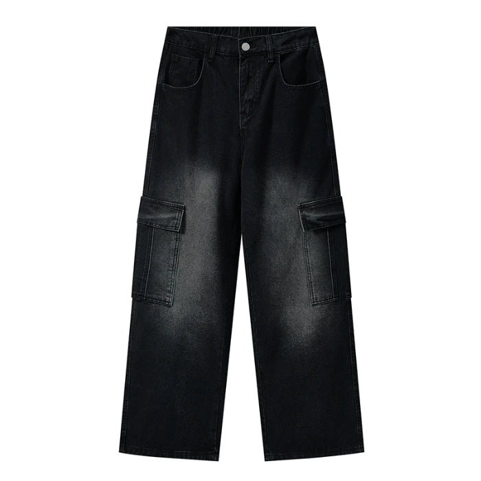 Men Vintage Wash Cargo Wide Leg Jeans Big Pockets | SAMAG