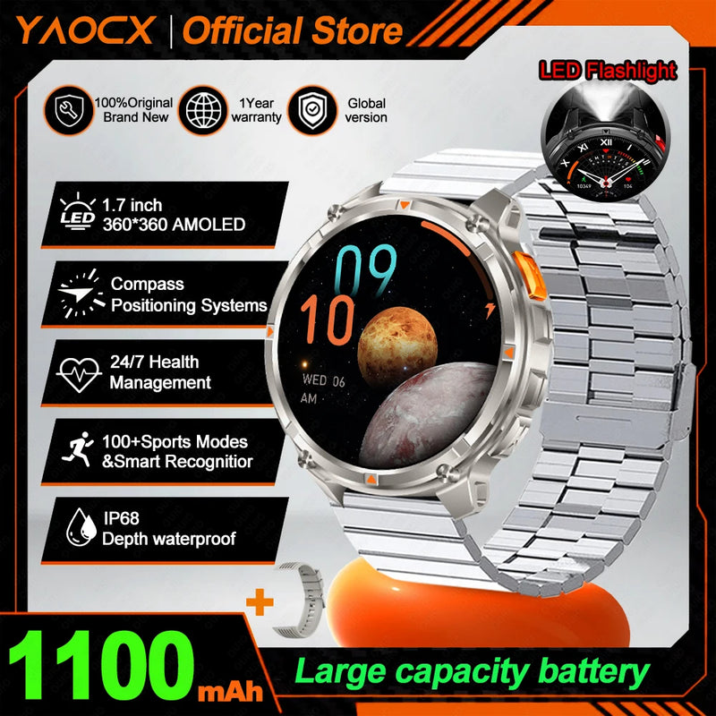 NEW 1100mAh Battery Sports Smart Watch Compass IP68 Waterproof Outdoor Flashlight Voice Assistant Heart Rate BT Call Smart Watch
