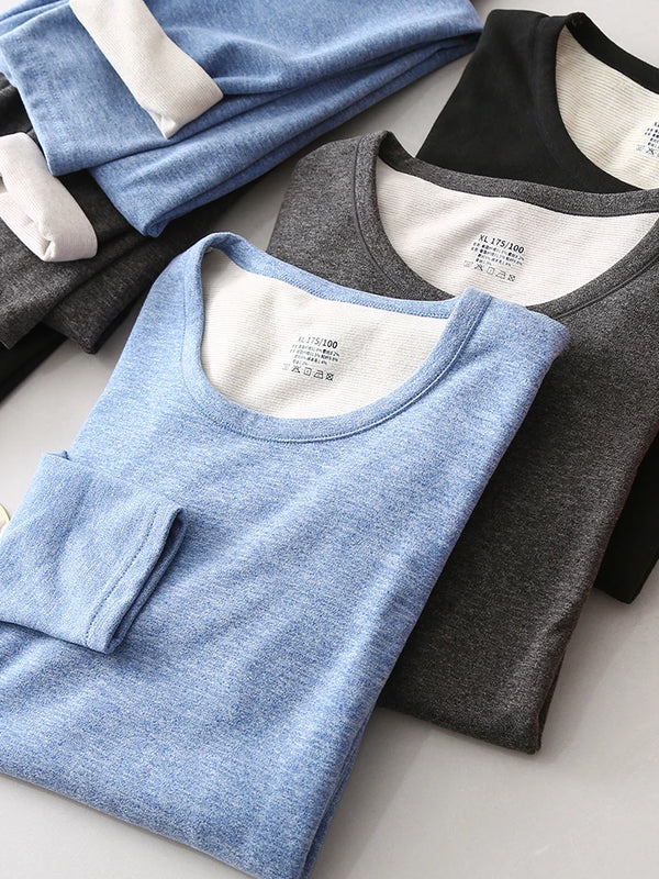 Upgraded Version Men's Thermal Wool Silk Underwear Set Self-Heating Double Warmth Velvet Knitted Fabric Long Sleeve round Neck