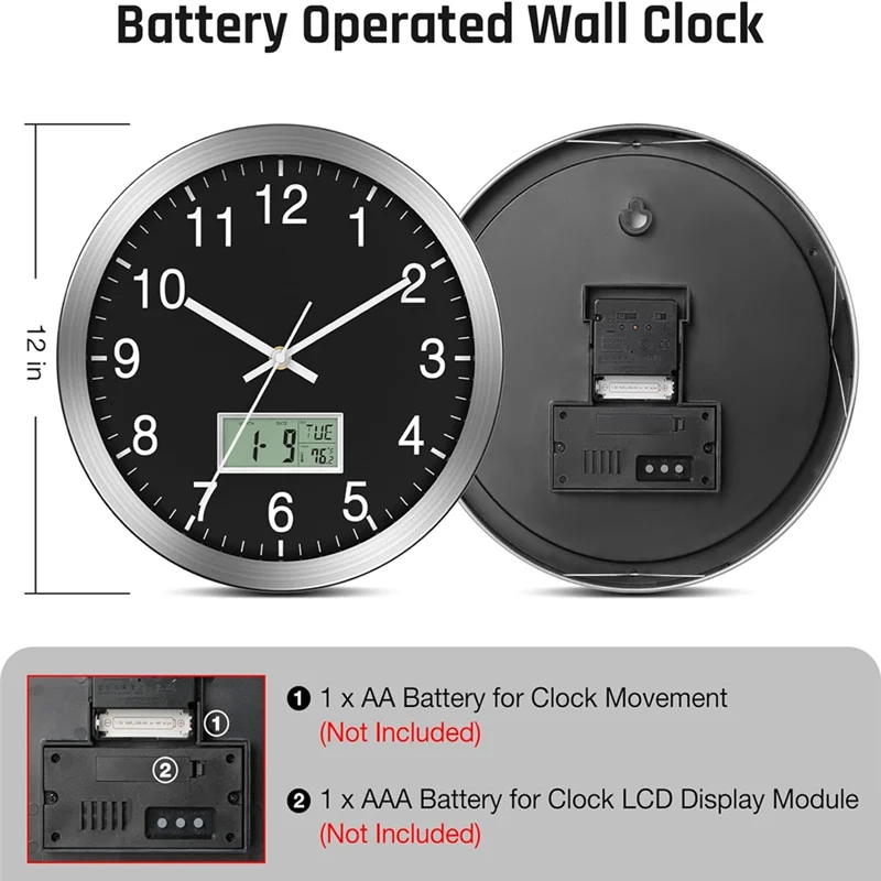 12Inch Wall Clock With Digital Date, Week & Indoor Temp - Battery Operated Wall Clock, Auto Sets,Easy To Read-AT64