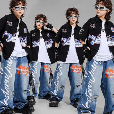 Kid Hip Hop Clothing Black Baseball Shirt Top Denim Blue | SAMAG