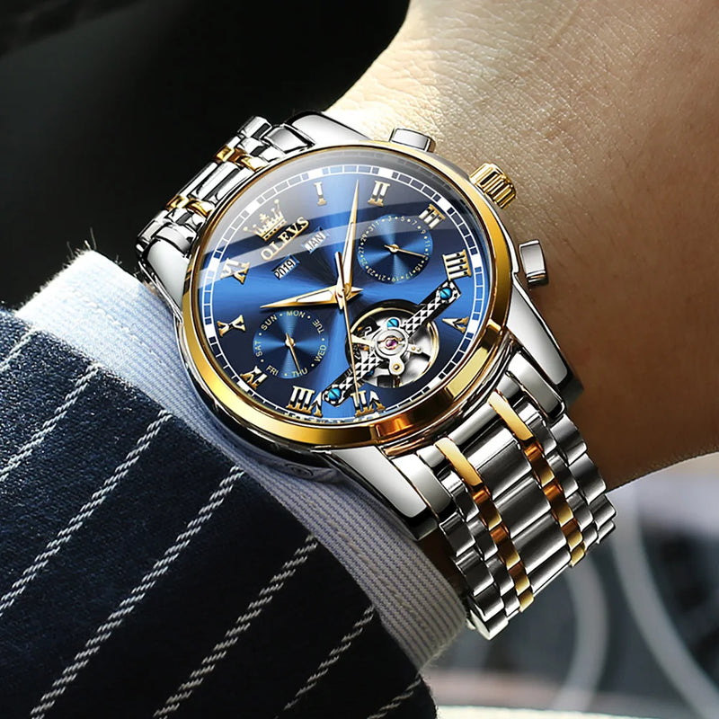 OLEVS 6607 Men's Watches Automatic Mechanical Business Wristwatch Calendar Waterproof Stainless Steel Strap Watch For Man