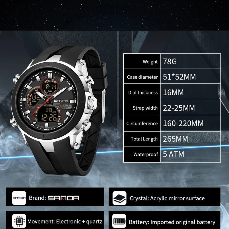 SANDA New 6279 Casual Men's Electronic Watch Sports Multi Functional Waterproof LED Dual Display - Visuel 5 | SAMAG