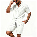 Men Linen Two Piece Outfit Short Sleeve Lapel Button | SAMAG