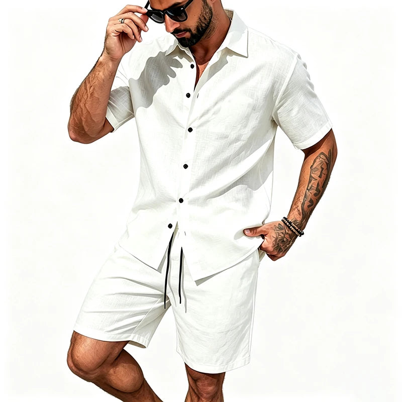 Men Linen Two Piece Outfit Short Sleeve Lapel Button | SAMAG