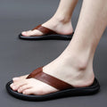 Men'S Genuine Leather Slip-On Flat Flip Flops Classic Round Toe Slip-On Soft Bottom Clip Toe Male Slide Sandals Summer Leisure P