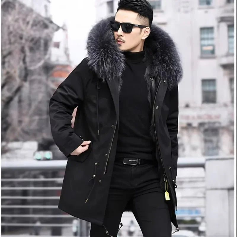 Fur Coat Detachable Hooded Keep Warm Jacket Parka Men Whole Mink Liner Winter New Fur Coat Mink-like Wool Mid-Length Leather