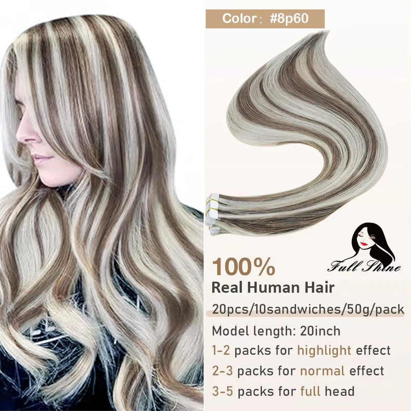 Full Shine Tape In Hair Extensions Human Hair 100% Remy Natural Human Hair Seamless Skin Weft Seamless Color Glue For Women