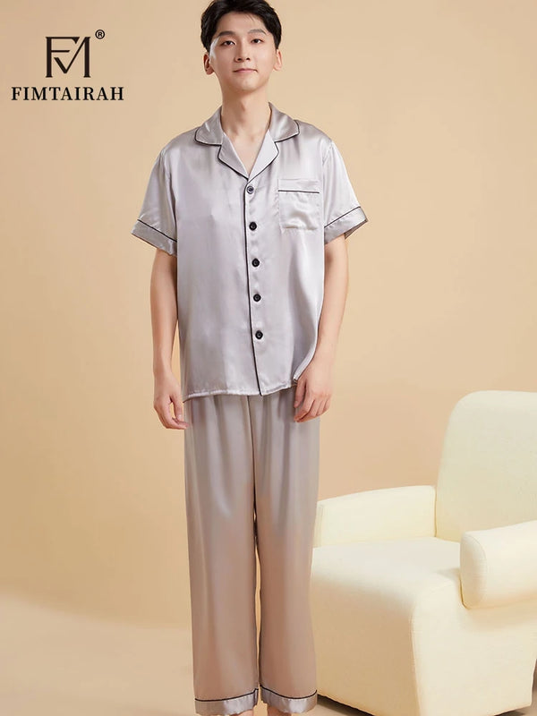 Fimtairah Real 19MMSilk 100% Mulberry Silk Pajamas Men's  Hangzhou Solid Color heavy Silk Home Wear Men's Short sleeve trousers