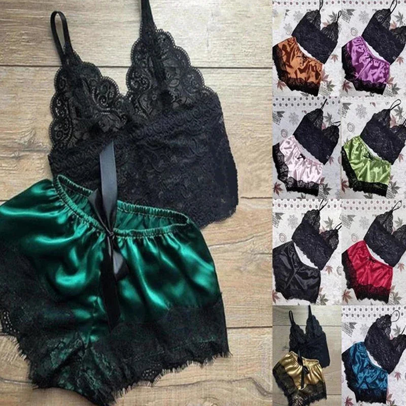 Sexy Womens Lace Sleepwear Lace Nachtkleding Lingerie Sleeveless V-Neck Babydoll Pajamas Set Lingerie Tops Shorts Set Nightwear